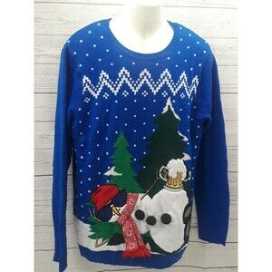 Jolly Sweaters Drunk Snowman with Beer Mens Christmas Holiday Blue White Sz L